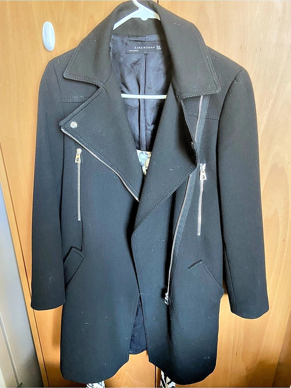 Zara Woman Black Longline Moto Coat Size 6 Like New